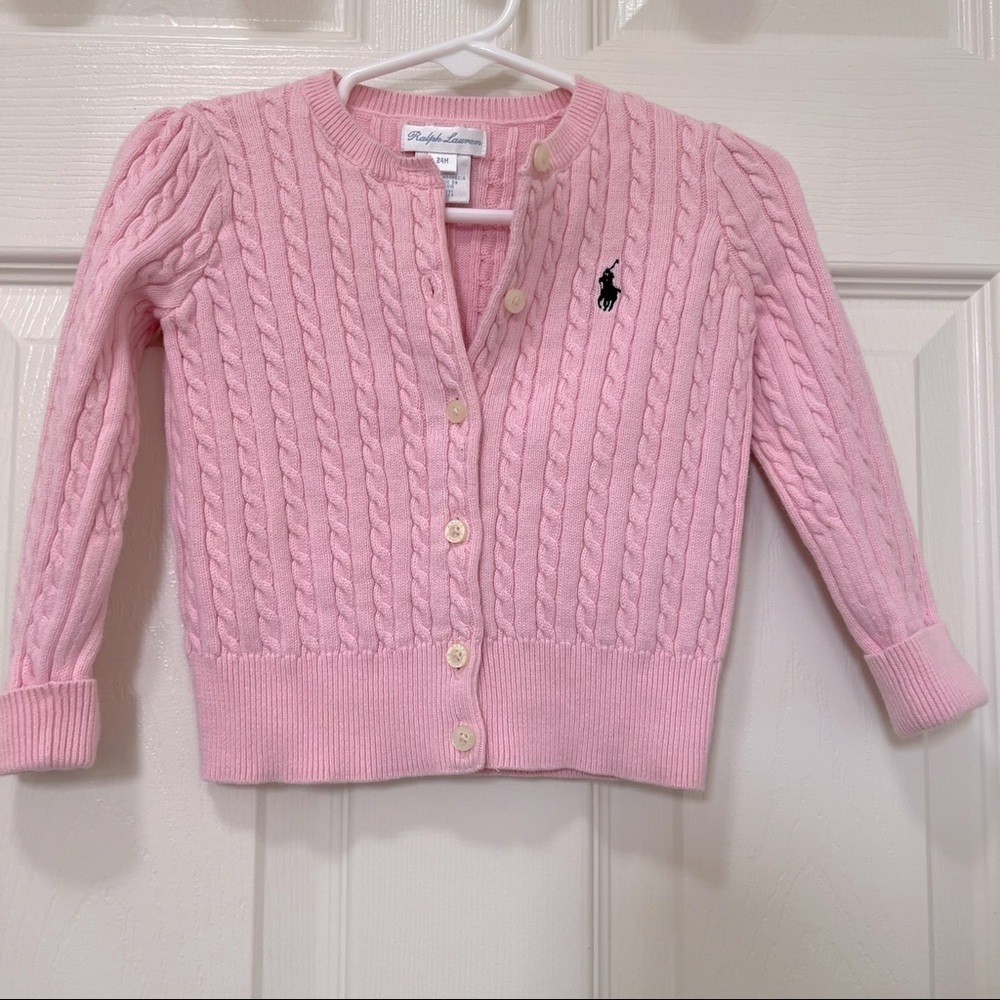 𝅺POLO Ralph Lauren| Girls Buttoned Down Cable Knit Sweater Pink- Size 24 months